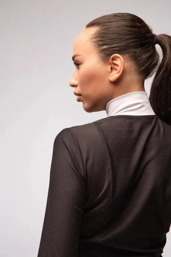 Черное поло, белая стойка, длинный рукав, XS