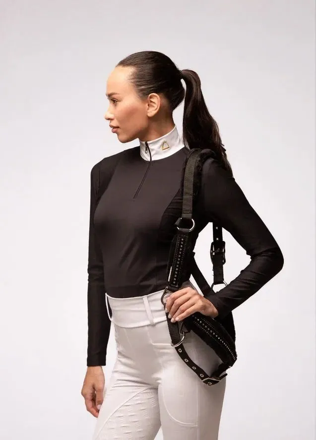 Черное поло, белая стойка, длинный рукав, XS